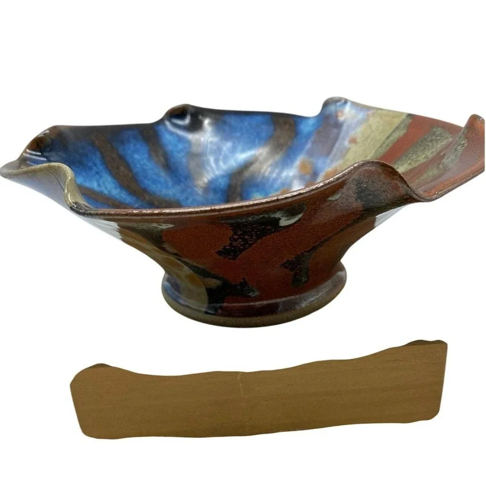 Studio Pottery Drip Glaze‎ Vase with Metal Flower Frog Artist Signed 6.5